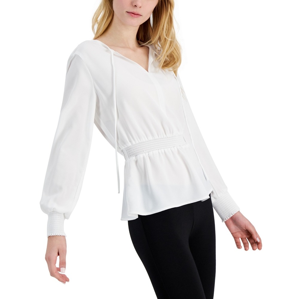 Alfani Smocked Peplum Top - White‎ - - Size Medium